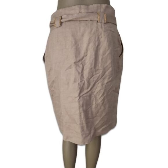 Molinari Belted Pencil Skirt Flax Linen Midi Tan Women's Size 42 US 6 NWT - Picture 2 of 7